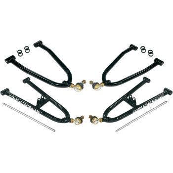 Four Lone Star Racing Sport A-Arms, Extends 2 forward 1, with ball joints and Delrin bushings, are arranged in pairs with metal rods and black rings on a white background.