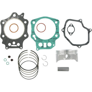 Metal piston with circlips, piston rings, and green, black, and gray engine gaskets set.