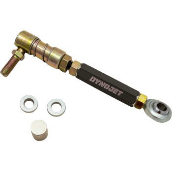 Black and gold metal sway bar link with "Dynojet" logo, including two washers and a white plastic cap.