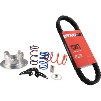 The Polaris RZR XP 1000 Grip N Rip Clutch Kit by Dynojet includes a heavy-duty UTV/ATV belt, colored springs, metal pulley, washer, small spring, and perforated metal plates—all shown on a white background.