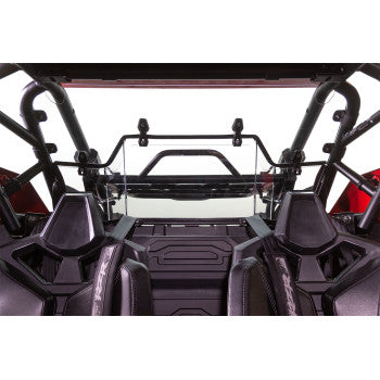 Rear view of an RZR Pro XP with two black bucket seats, sturdy roll cage, and a Seizmik Poly Rear Windshield Hard Coated, all set against a white background.