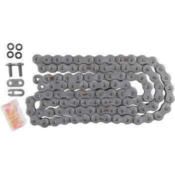 The 520 EXW Drive Chain 100 Links by RK, in silver, is displayed on a white surface with a master link, rubber O-rings, and lubricant—perfect for high-speed chains needing reliable performance.