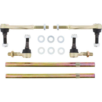 The Tie Rod Upgrade Kit by Moose Offroad, featuring 12 mm tie-rod ends, rods, and washers, is neatly arranged on a white background.