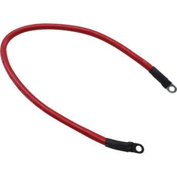 The Battery Cable 18" Red by Moose Offroad is a red 6 gauge stranded copper wire with black insulated ring terminals on both ends, ideal for dependable electrical connections in vehicles, UTVs, or machinery.