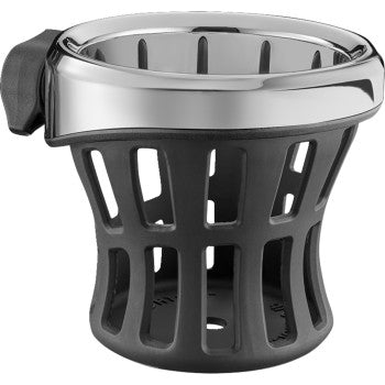 The Drink Holder Gen 2 Chrome No Mount by Ciro is a black and silver adjustable cup holder with a vented open design, ideal for holding cups or bottles. GEN 2 system included; mount sold separately.