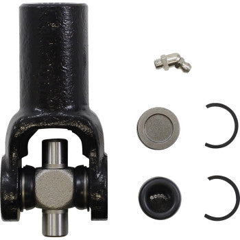 The Yoke Propeller Shaft With U Joint by Epi features a black yoke, cross-shaped joint, grease fitting, cap, seal, and two circular retaining clips on a white background; made from durable SCR440 steel for dependable U-joint repair.