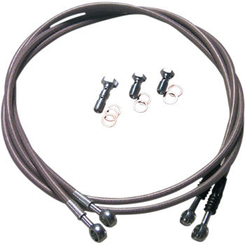 The Brake Line Front Universal by Lone Star Racing / Tech 5 Ind. includes two coiled steel cables with metal ends, four metal connectors, and four copper rings—designed to reduce line flex and boost ATV braking performance.