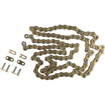 The Pro MX 428 RXP Chain Gold 110 Links by Moose Offroad—a high-tensile, metal non-O-ring chain with connecting links and small bolts—is displayed on a white background, perfect for mini-racing machines.
