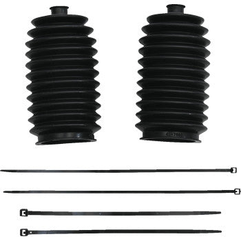Two black accordion-style boots from the Replacement Boot Kit by Moose Offroad and four long black zip ties are arranged on a white background, with the boots upright and the zip ties laid out horizontally below.