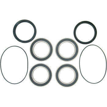 Set of four silver metal wheel bearings with black rubber seals and two black rubber O-rings arranged on white background.