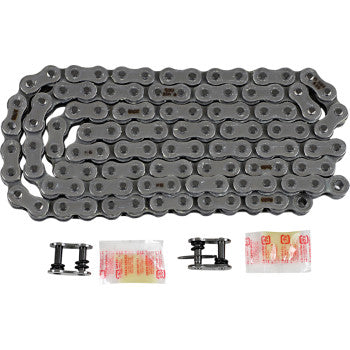 The 520 Max O Drive Chain 108 Links by RK is coiled on a white background, shown with two chain connectors and two small lubricant packets placed below it.