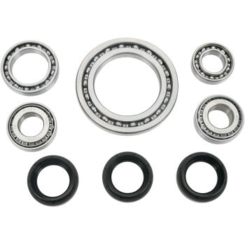 The Suzuki - Arctic Cat Differential Bearing Seal Kit Front by Moose Offroad includes seven varied-size EMQ bearings and three black rubber seals, all neatly arranged on a white background—perfect for differential service kits.