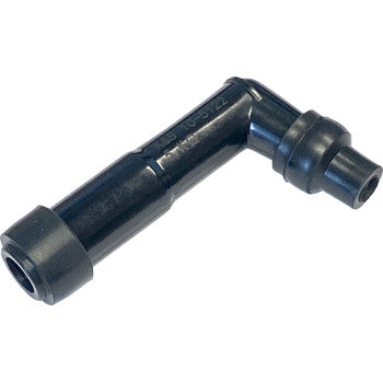 The Spark Plug Cover Resistor 14 mm by K&S Technologies is a black plastic right-angle connector with two openings and a waterproof design, ideal for joining hoses or tubing in automotive or plumbing uses.