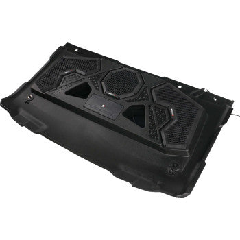Black rugged audio roof panel with integrated hexagonal mesh speaker covers and six speakers for Polaris Ranger UTV.