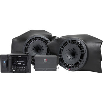 Black MB Quart Polaris Stage 2 amplified audio speakers with digital controller and amplifier unit.