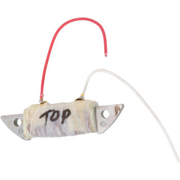 Small rectangular exciter coil wrapped in white insulation with metal mounting brackets and red and white wires attached.