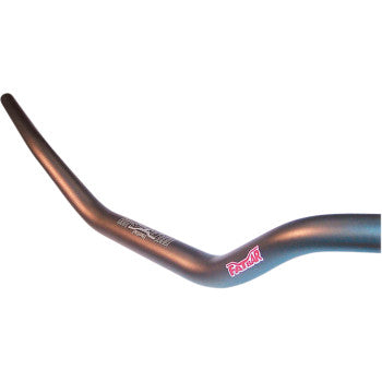 The Fatbar™ Handlebar 603 Reed / Windham Tanium by Renthal is a black, braceless mountain bike handlebar with a raised, angled design and white/red logos on the curve. Compatible with 1-1/8" bar mounts.