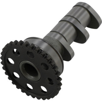 Metallic camshaft with a gear sprocket, cylindrical shaft featuring three lobes, dark gray finish.