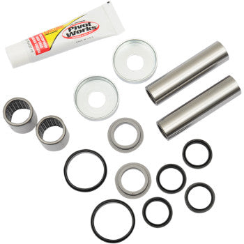 The Swingarm Bearing Kit by Pivot Works includes metal bushings, sleeves, rubber O-rings, seals, and grease—everything needed to rebuild your linkage and restore suspension control to OEM specs.