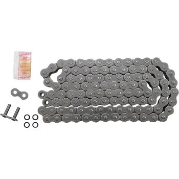 Natural-finish metal motorcycle drive chain with 106 links, two connecting pins, four washers, and a small packet of.