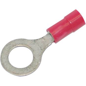 The Ring Terminals 18-22 Gauge .25" by Namz are red, fully insulated metal connectors with a circular opening for crimping 18-22 gauge wires.