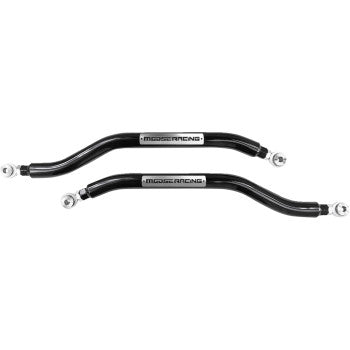 Two black, curved DOM metal suspension bars with silver heim joints at each end, labeled "Moose Offroad Radius Rod Heavy Duty Lower," are arranged parallel on a white background.
