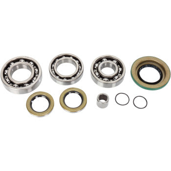 The Can Am Differential Bearing Seal Kit Rear by Moose Offroad includes ball bearings, a needle bearing, TC rubber seals, and O-rings—circular metallic parts essential for rear differential servicing. All components are shown on a white background.