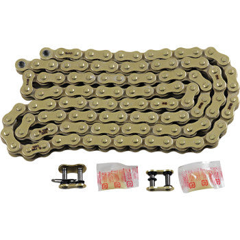 The 520 Max O Drive Chain 114 Links Gold by RK is shown with two connecting links and lubricant packets on a white background, highlighting its high tensile strength and quality craftsmanship made in Japan.