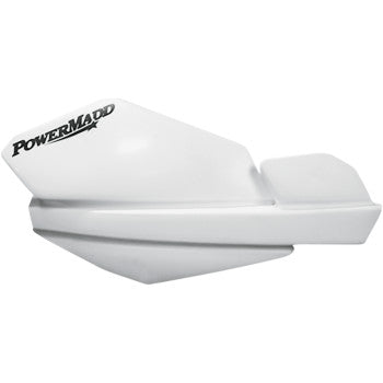 White glossy plastic handguard with angular aerodynamic shape and black Powermadd logo.