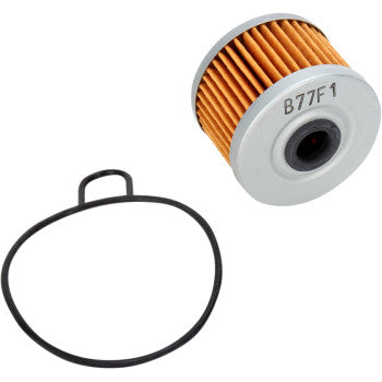 The Polaris Oil Filter by Emgo, featuring pleated orange paper and a metallic top (B77F1), is shown with a black rubber O-ring gasket on a white background—designed for superior engine protection and filtration quality.