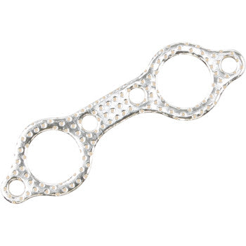 The Polaris Exhaust Gasket by Cometic is a metallic, oval Viton-coated gasket with two large circular openings, smaller end holes, and a textured, raised-dot surface. Perfect for high-temperature sealing in mechanical or automotive systems.
