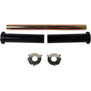 The A-Arm Repair Kit Front Upper by Epi is displayed on a white background, showing two black cylindrical grips, a rainbow-sheen metallic tube, two round metal collars with side tabs, and bushings.