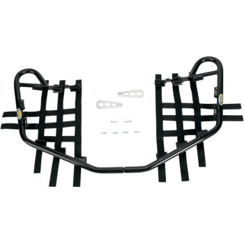 Yamaha Raptor Nerf Bars Black by Motorsport Products: black aluminum bars with attached black webbing, ATV net tabs, EZ-fit clamp brackets, and mounting hardware—all shown on a white background.