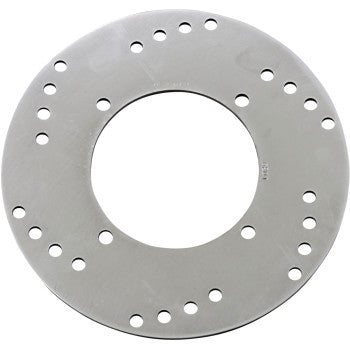 The Polaris ATV UTV Brake Rotor by EBC is a round, flat steel disc with a large central hole and multiple evenly spaced scraper holes in two circular patterns near the outer edge.