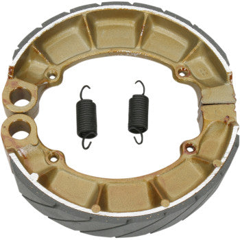 Brake Shoes by Ebc are gold and black, made of die-cast aluminum in a circular design with patterned brake linings. Two small black metal springs are also included.