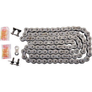 The 520 Max O Drive Chain 98 Links by RK is displayed on a white background with two packs of lubricant, a connecting link, and two pairs of pins and outer plates.
