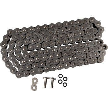 A 530 X1R Heavy Duty Drive Chain with 114 links by Jt Chains is shown coiled on a white background, accompanied by two small bolts, a chain link, and two rubber O-rings. Made from steel alloys for durability and reliable power transfer.