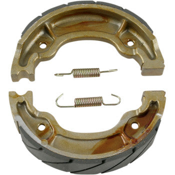 Two die-cast aluminum Brake Shoes by Ebc with black lining are arranged in a semi-circle, joined by two small metal springs, showcasing drum brake performance against a white background.