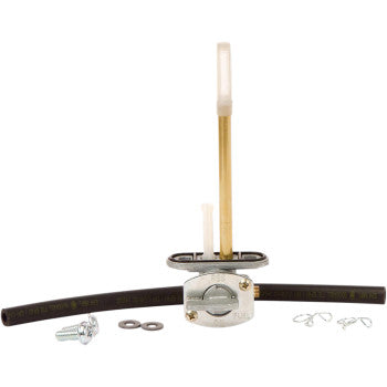 The Yamaha Petcock Fuel Kit by All Balls includes a brass tube, black fuel line hose, metal mounting plate, screw, washers, and wire clips—perfect for OE replacement—shown on a white background.