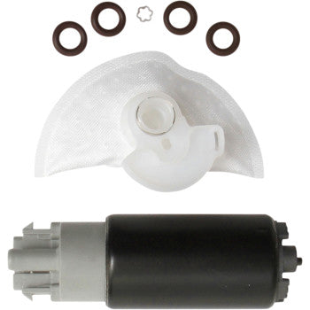 Black and gray cylindrical fuel pump with white plastic strainer and four brown rubber O-rings arranged above it.