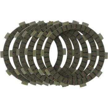 Six circular grooved friction plates from the Clutch Kit by Ebc, made for street bikes, are arranged in a slightly overlapping, fanned-out pattern on a white background.