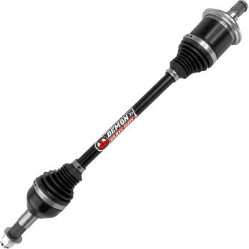 A Can Am Outlander / Renegade Heavy Duty Rear Right Axle Lift Kit by Demon, in black and silver chromoly steel, with rubber boots and CV joint, features red and white Demon Powersports branding at the shaft’s center.