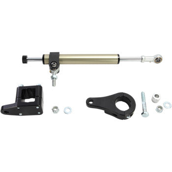 The Steering Stabilizer Black 7 Way by Moose Offroad includes a gold rod, black billet aluminum brackets, bolts, washers, and nuts displayed on a white background.