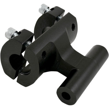 The Powerriser 325 Pivoting Risers 2 x 3 1/4 by Powermadd feature a black metal bracket with dual pivots and two bolt-secured clamps, ideal for attaching accessories to ATV risers or tubular frames.
