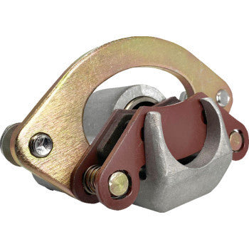 Metal Polaris front right brake caliper with gold-toned bracket and rust-red body for UTV off-road use.