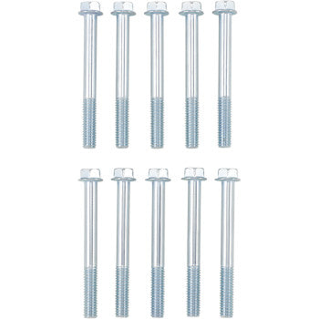 Ten Bolt Flange M6 x 55 bolts by Bolt arranged in two rows of five against a white background. This 10 pack features hexagonal heads and partially threaded shafts, ideal for replacement or various Bolt Hex Flange applications.