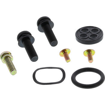 The Arctic Cat Fuel Petcock Rebuild Kit by Moose Offroad includes assorted black and gold bolts, screws, rubber O-rings, and a round fuel petcock gasket, all displayed on a white background.