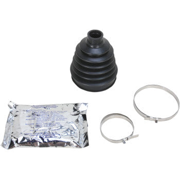 The CV Boot Kit Front Inboard Outboard Rear Outboard Middle Front Right Outboard by Epi includes a black polychloroprene boot, a silver molybdenum disulfide grease packet, and two metal clamps on a white background.
