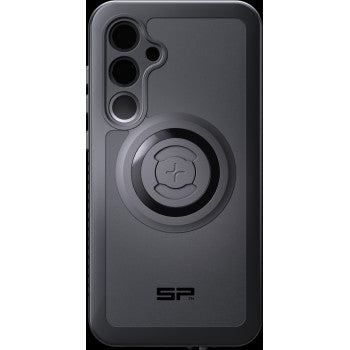 The Xtreme SPC+ Case S24+ by Sp Connect is a sleek black case featuring three circular camera cutouts, a large central MagSafe-compatible magnetic ring for wireless charging, and the SP logo at the bottom.