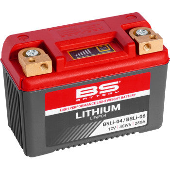 Compact rectangular lithium battery with red top and black base, brass terminal posts, and BS Battery branding.